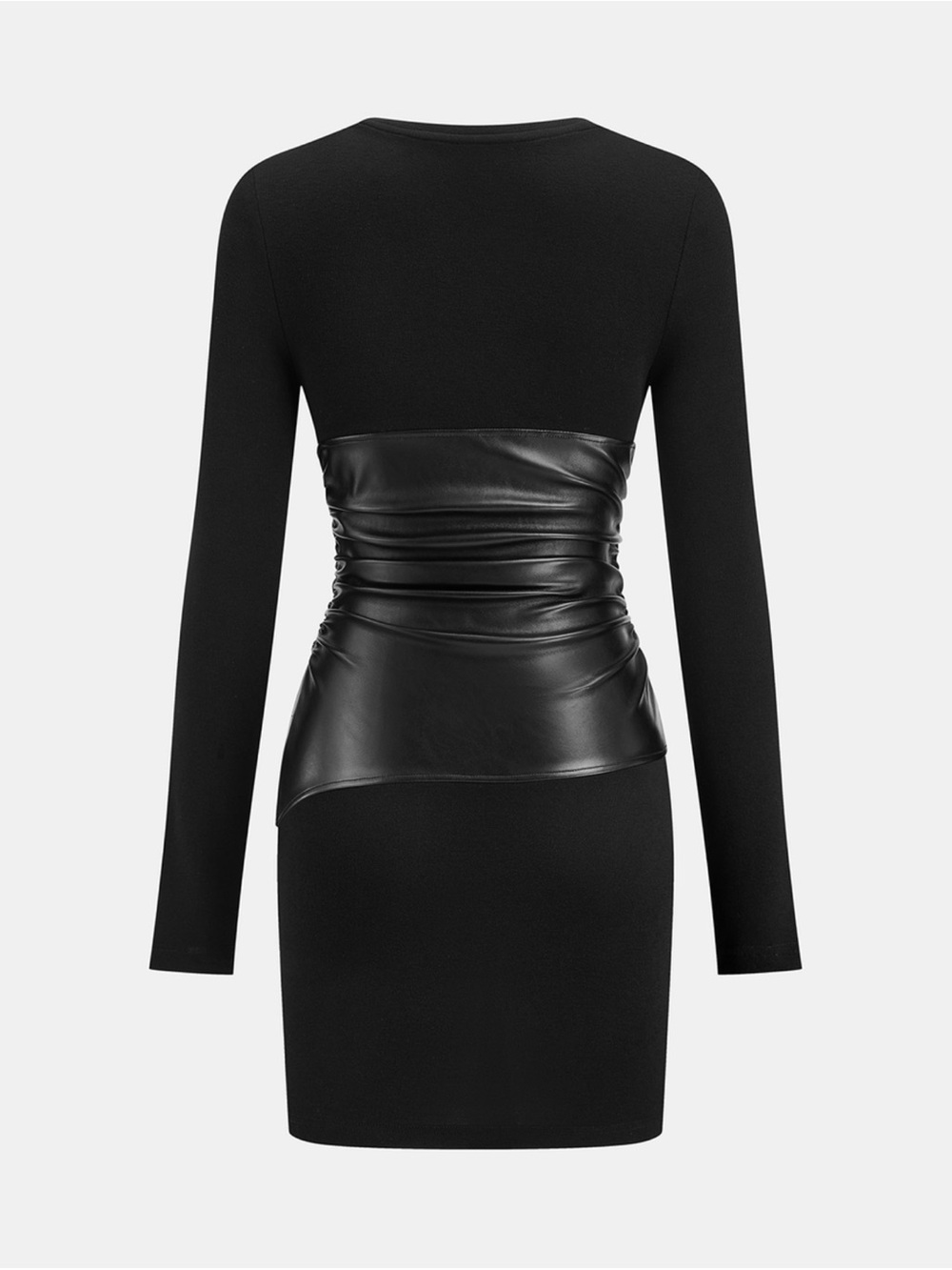 Black Long-Sleeve Bodycon Dress with Faux-Leather Waist Panel